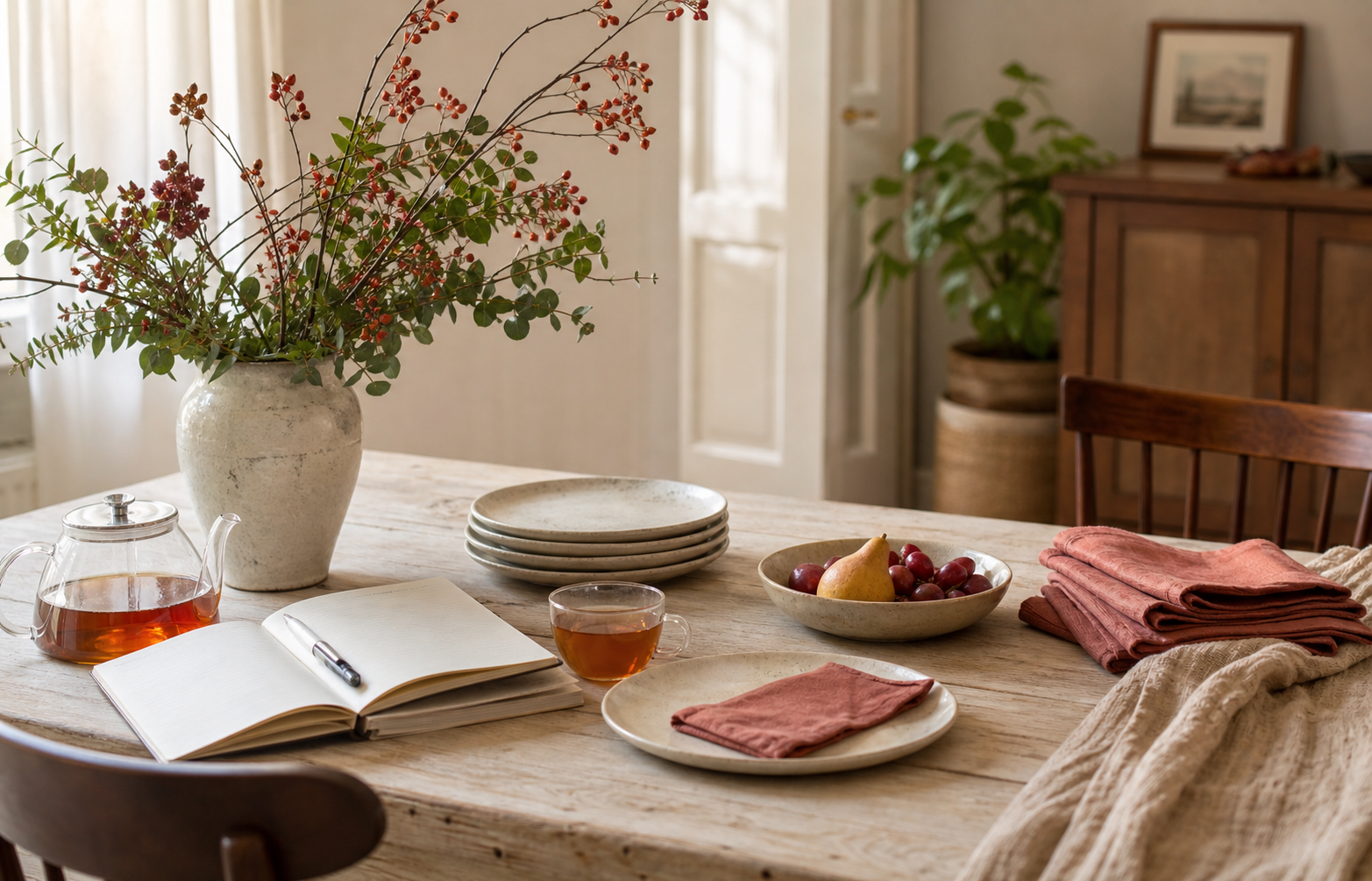 Gedeckter Holztisch mit Teekanne, Notizbuch, Keramiktellern und warmroten Servietten