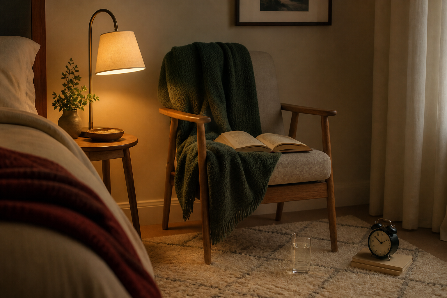 Ruhige Leseecke mit Sessel, Decke, Buch, Wasserglas und analogem Wecker im warmen Abendlicht