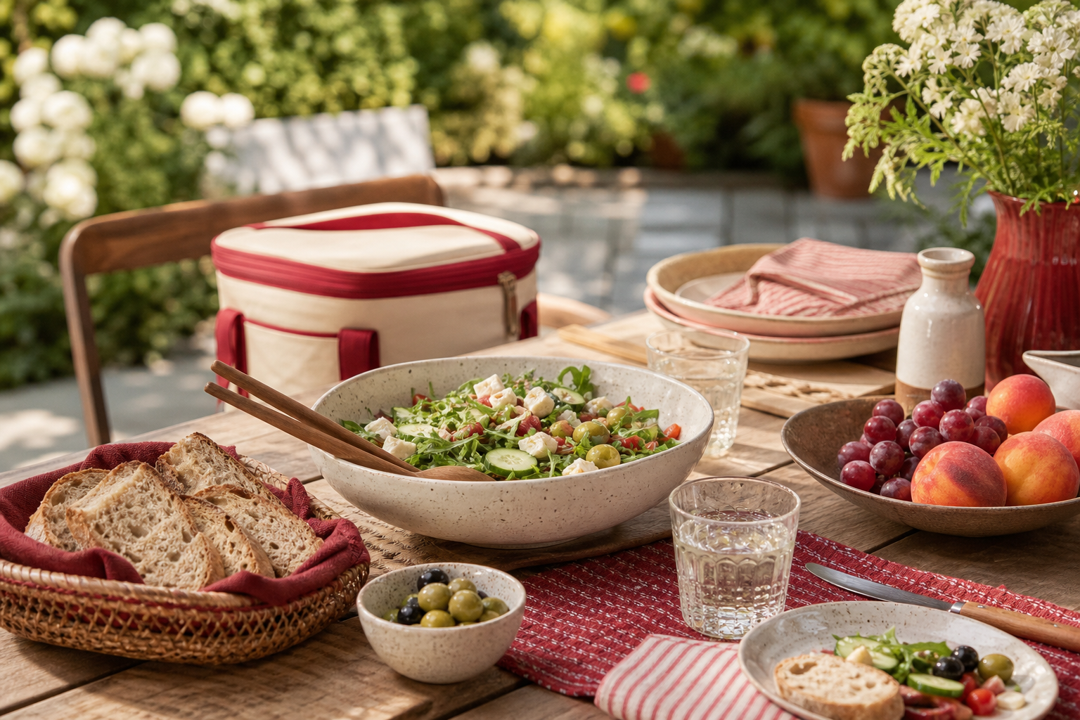 Kalte Speisen, Brot, Obst und Salat auf einem Gartentisch mit Kühltasche und roten Servietten