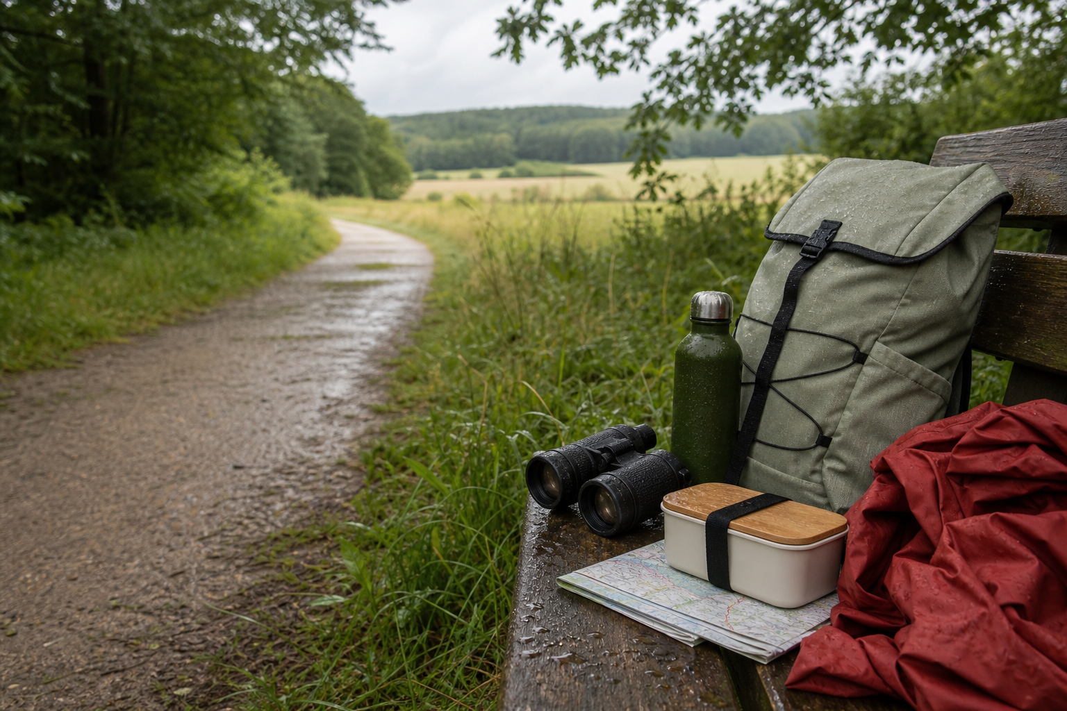 Tagesrucksack, Regenjacke, Fernglas und Brotzeit auf einer Bank an einem grünen Wanderweg