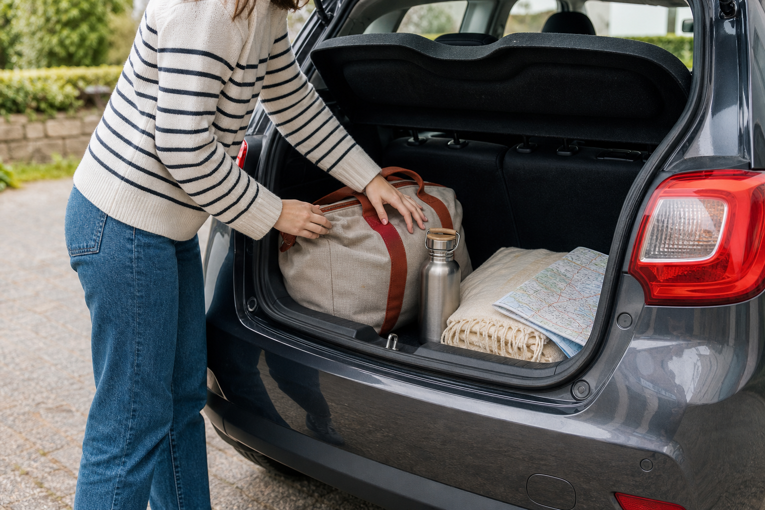 Person verstaut Reisetasche, Wasserflasche, Decke und Landkarte im Kofferraum eines kleinen Autos